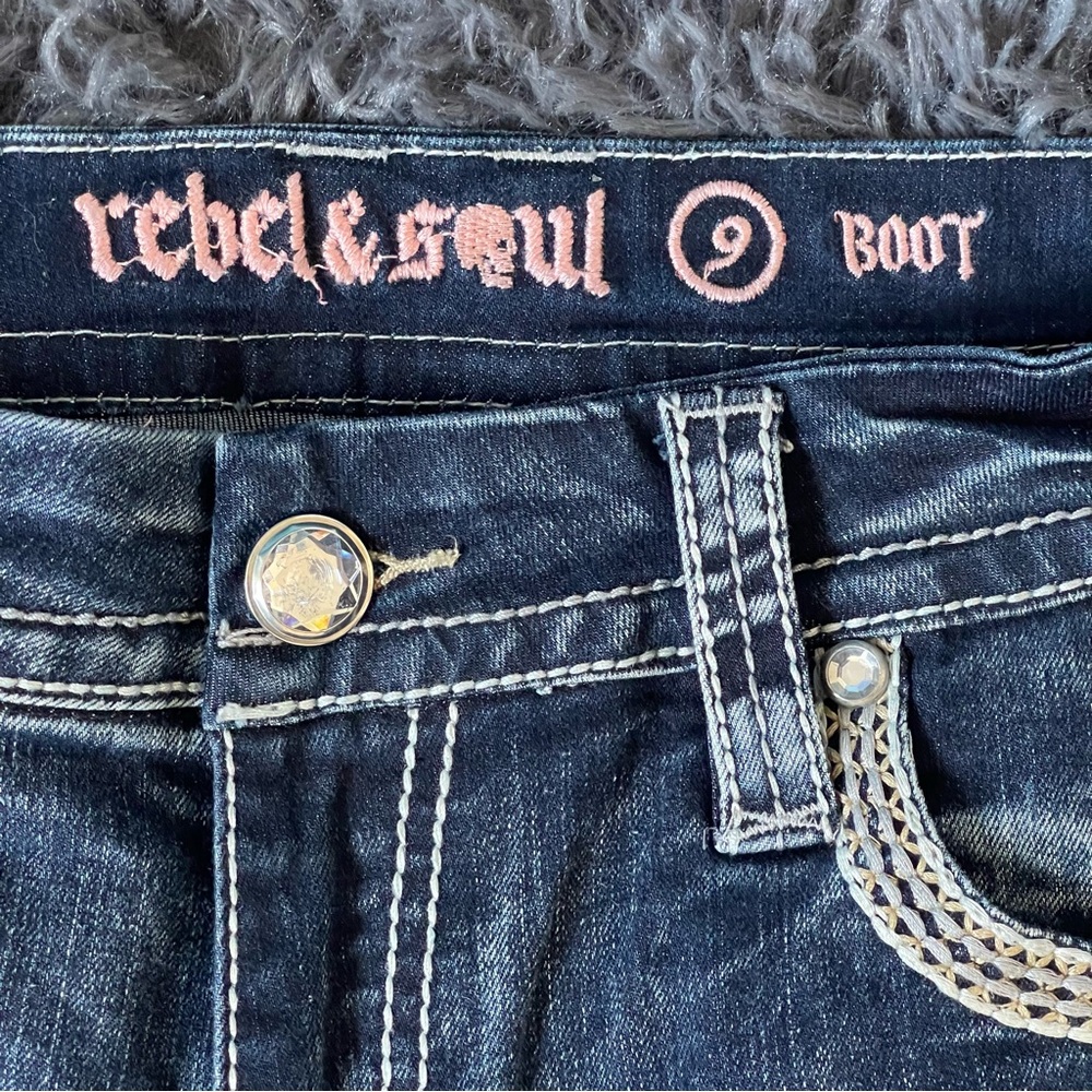 Rebel & Soul Rhinestone Embroidered Boot Cut Jeans Y2K Dark Indigo Wash 32x30